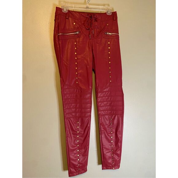 Boutique Red Maroon Studed Tie Closure Zip PocketsPunk Rock Skinny Pants XL - Picture 2 of 6